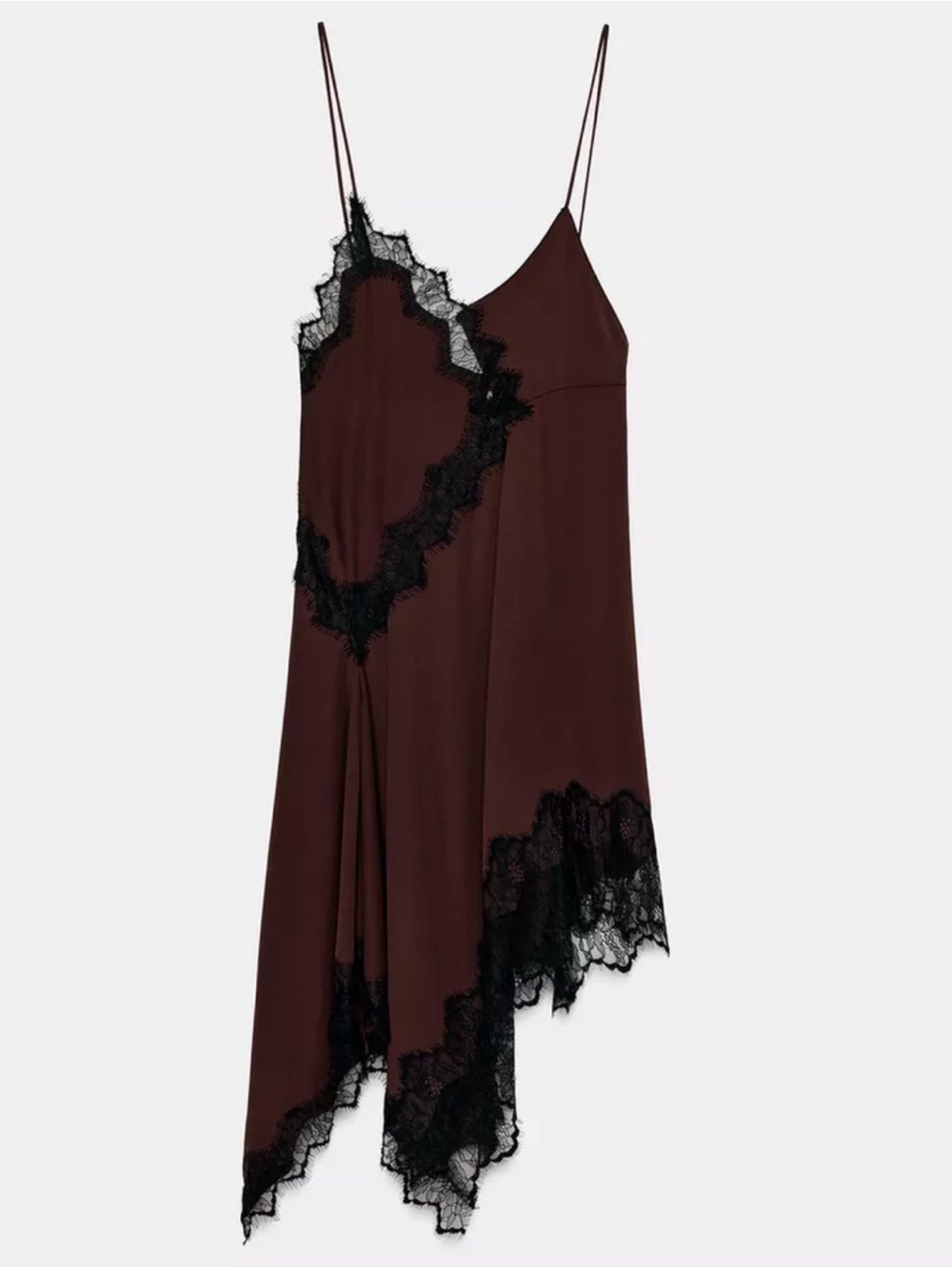 Zara Lace Trim Asymmetric Cami Dress Brown Black Size M NWT Viscose - Picture 5 of 8